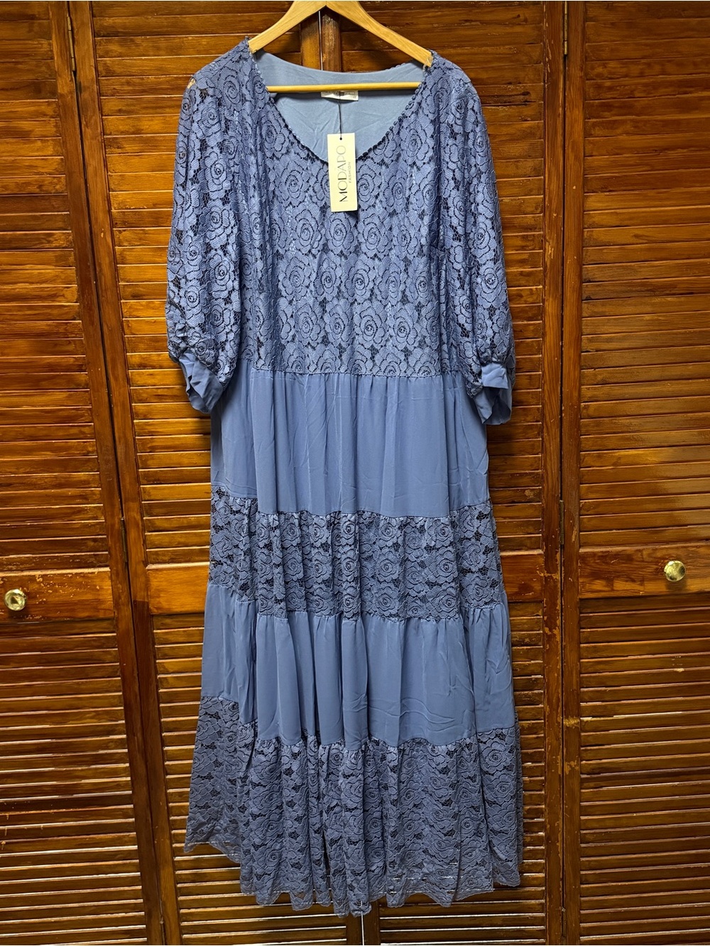 Modapo Blue Lace Tiered Midi Dress